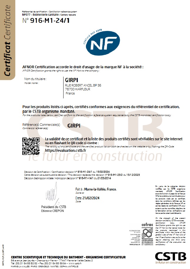 Lire la suite à propos de l’article Certificat NF 077 n° 916-M1