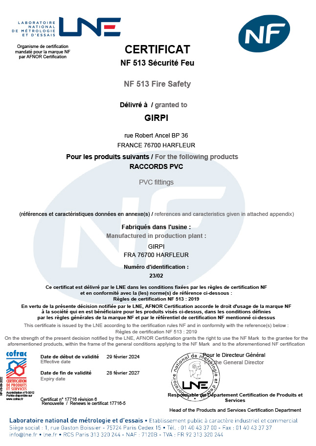 Lire la suite à propos de l’article NF 513 GIRPI raccords PVC 17716-6-1